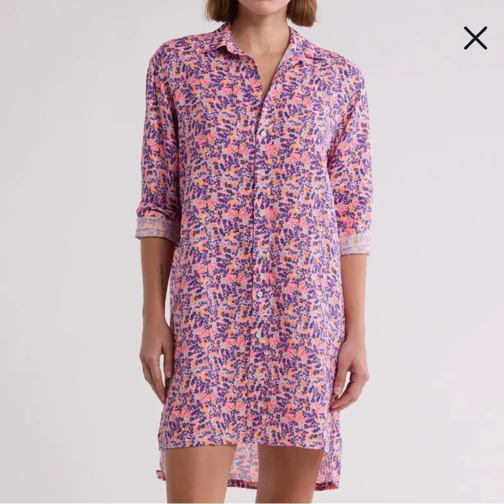 Frank & Eileen Hunter Step Hem Shirtdress in Neon Pink Floral XXS NWOT